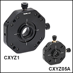 XYZ移動マウント、Ø12 mm～Ø12.7 mm(Ø1/2インチ)およびØ25 mm～Ø25.4 mm(Ø1インチ)光学素子用