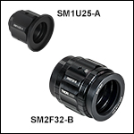 調整機能付きコリメートアダプタ、Ø25 mm～Ø25.4 mm(Ø1インチ)またはØ50 mm～Ø50.8 mm(Ø2インチ)光学素子用