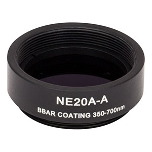 NE20A-A - Ø25 mm Absorptive Neutral Density Filter, SM1-Threaded Mount, ARC: 350-700 nm, OD: 2.0
