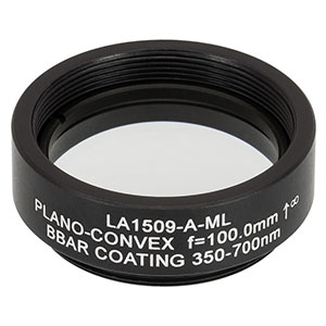 LA1509-A-ML - Ø1in N-BK7 Plano-Convex Lens, SM1-Threaded Mount, f = 100 mm, ARC: 350-700 nm