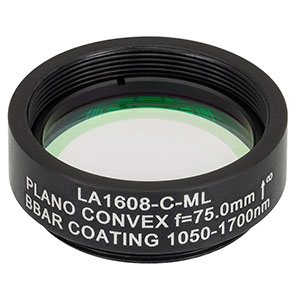 LA1608-C-ML - Ø1in N-BK7 Plano-Convex Lens, SM1-Threaded Mount, f = 75 mm, ARC: 1050-1700 nm