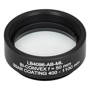LB4096-AB-ML - f = 50 mm, Ø1in Mounted UV Fused Silica Bi-Convex Lens, AR Coating: 400 - 1100 nm