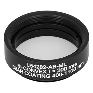 LB4282-AB-ML - f = 200 mm, Ø1in Mounted UV Fused Silica Bi-Convex Lens, AR Coating: 400 - 1100 nm