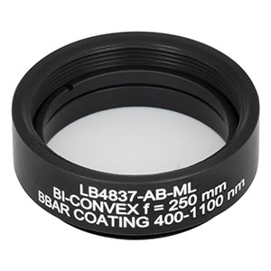 LB4837-AB-ML - f = 250 mm, Ø1in Mounted UV Fused Silica Bi-Convex Lens, AR Coating: 400 - 1100 nm