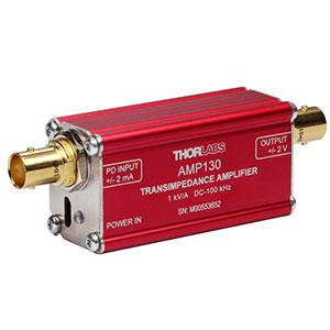AMP130 - トランスインピーダンスアンプ、利得1 kV/A、帯域幅100 kHz