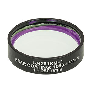 LJ4281RM-C - f = 250.0 mm, Ø1in, UVFS Mounted Plano-Convex Round Cyl Lens, ARC: 1050 - 1700 nm
