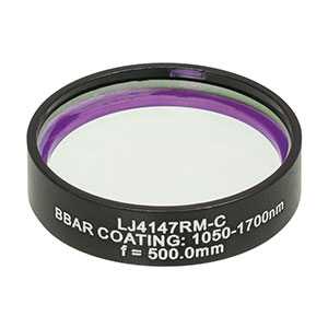LJ4147RM-C - f = 500.0 mm, Ø1in, UVFS Mounted Plano-Convex Round Cyl Lens, ARC: 1050 - 1700 nm