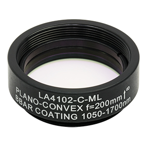 LA4102-C-ML - Ø1in UVFS Plano-Convex Lens, SM1-Threaded Mount, f = 200.0 mm, ARC: 1050 - 1700 nm