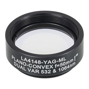 LA4148-YAG-ML - Ø1in UVFS Plano-Convex Lens, SM1-Threaded Mount, f = 50.0 mm, 532/1064 nm V-Coat