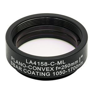 LA4158-C-ML - Ø1in UVFS Plano-Convex Lens, SM1-Threaded Mount, f = 250.0 mm, ARC: 1050 - 1700 nm