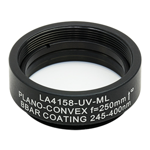 LA4158-UV-ML - Ø1in UVFS Plano-Convex Lens, SM1-Threaded Mount, f = 250.0 mm, ARC: 245-400 nm