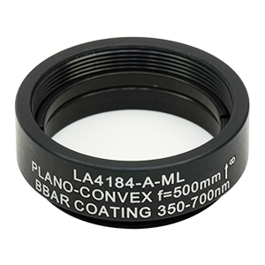 LA4184-A-ML - Ø1in UVFS Plano-Convex Lens, SM1-Threaded Mount, f = 500.0 mm, ARC: 350 - 700 nm