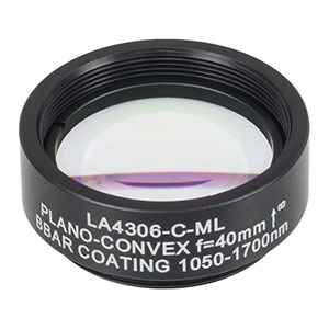 LA4306-C-ML - Ø1in UVFS Plano-Convex Lens, SM1-Threaded Mount, f = 40.0 mm, ARC: 1050 - 1700 nm