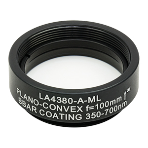 LA4380-A-ML - Ø1in UVFS Plano-Convex Lens, SM1-Threaded Mount, f = 100.0 mm, ARC: 350 - 700 nm
