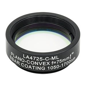 LA4725-C-ML - Ø1in UVFS Plano-Convex Lens, SM1-Threaded Mount, f = 75.0 mm, ARC: 1050 - 1700 nm