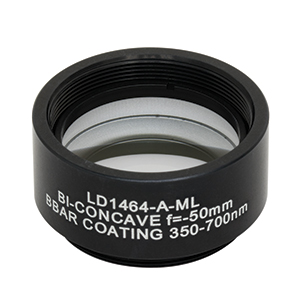 LD1464-A-ML - Ø1in N-BK7 Bi-Concave Lens, SM1-Mounted, f =-50 mm, ARC: 350-700 nm