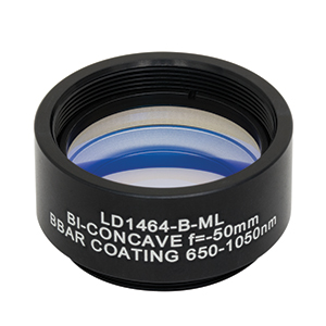 LD1464-B-ML - Ø1in N-BK7 Bi-Concave Lens, SM1-Mounted, f =-50 mm, ARC: 650-1050 nm
