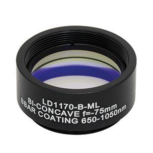 LD1170-B-ML - Ø1in N-BK7 Bi-Concave Lens, SM1-Mounted, f =-75 mm, ARC: 650-1050 nm