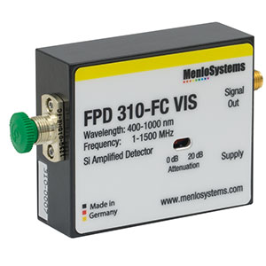 FPD310-FC-VIS - Si高感度PIN増幅ディテクタ、利得切替可、400～1000 nm、 1 MHz～1.5 GHz、電源付属(ミリ規格)