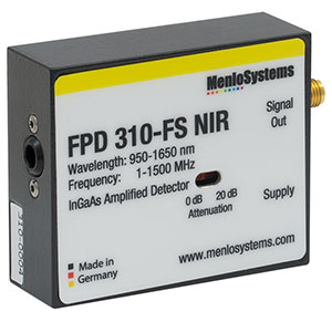 FPD310-FS-NIR - InGaAs高感度PIN増幅ディテクタ、利得切替可、950～1650 nm、1 MHz～1.5 GHz BW、0.005 mm²、M4タップ穴、電源付属(ミリ規格)