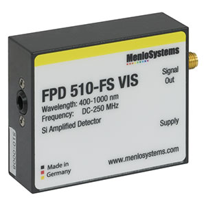 FPD510-FS-VIS - Si高感度PIN増幅ディテクタ、固定利得、400～1000 nm、250 MHz BW、0.13 mm²、M4タップ穴、電源付属(ミリ規格)