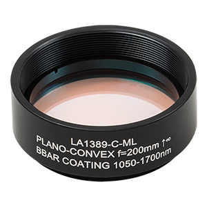 LA1389-C-ML - Ø1.5in N-BK7 Plano-Convex Lens, SM1.5-Threaded Mount, f = 200 mm, ARC: 1050-1700 nm