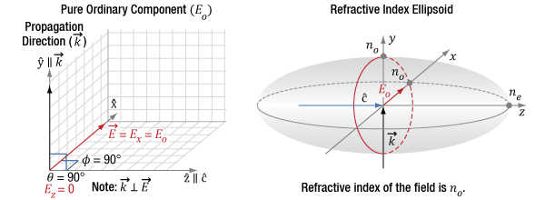 Light travelling perpendicular to a uniaxial birefringent crystal's optic axis can have only an ordinary component of the electric field. When this is the case, the light has a refractive index equal to the crystal's ordinary refractive index, as depicted using this refractive index ellipsoid.